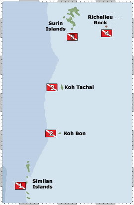 Kaart van duikplekken ten noorden van Similans: Koh Bon, Koh Tachai en Richelieu Rock.